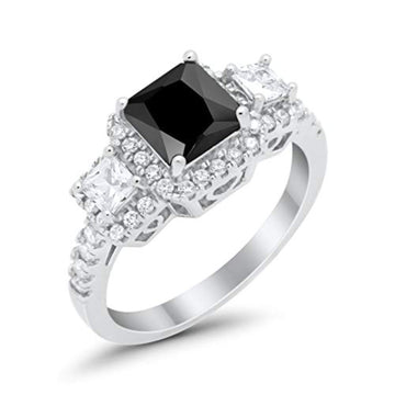 Three Stone Princess Wedding Simulated Black CZ Ring 925 Sterling Silver